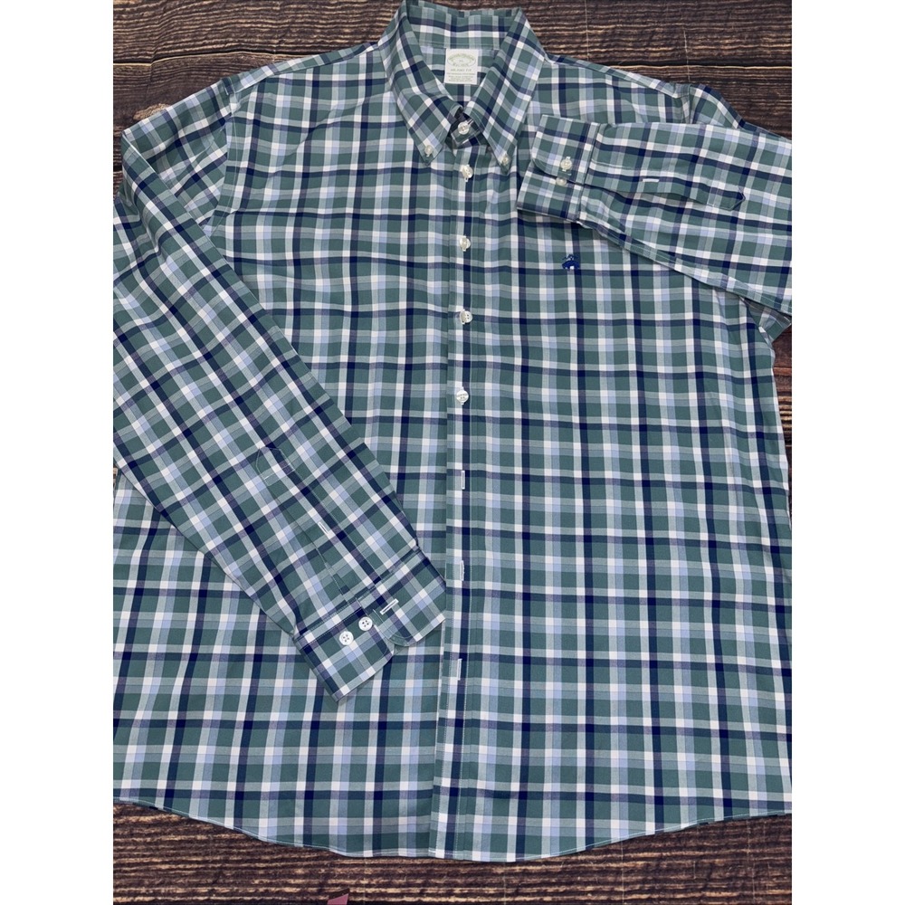 Brooks Brothers Shirt Mens  XL Milano Fit Blue Green Plaid Cotton Long Sleeve - Picture 4 of 7